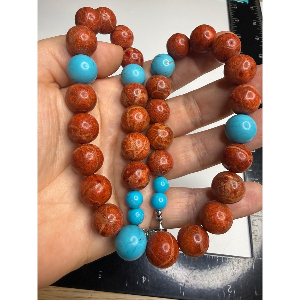 Sponge Coral Turquoise Bead Necklace Silver Tone Adjustable Statement 20in